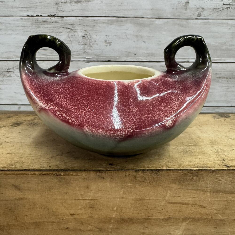 Vintage Hull Pottery Sugar Bowl No Lid Burgundy Green Glaze